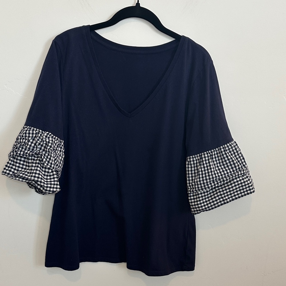 Como Vintage Navy Blue V-Neck T-Shirt, Gingham Double Ruffle Sleeves Size Large
